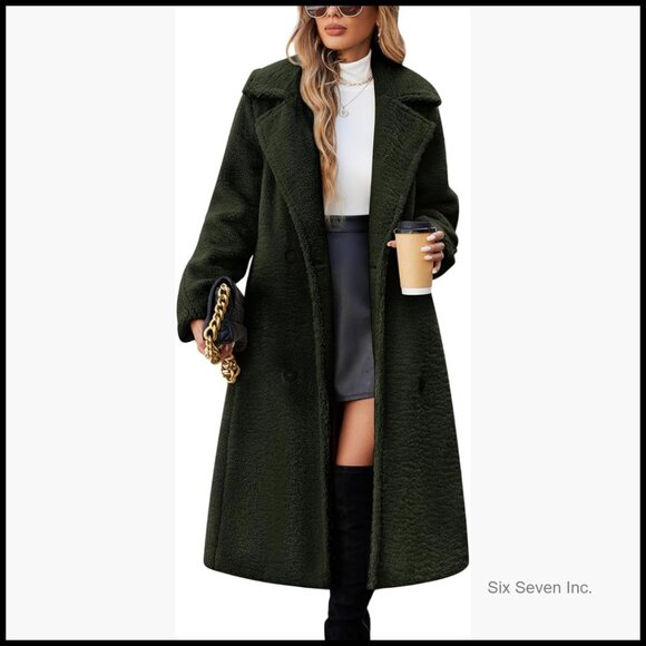 Jackets & Blazers - Faux Fur Oversized Double-Breasted Long Coat with Pockets